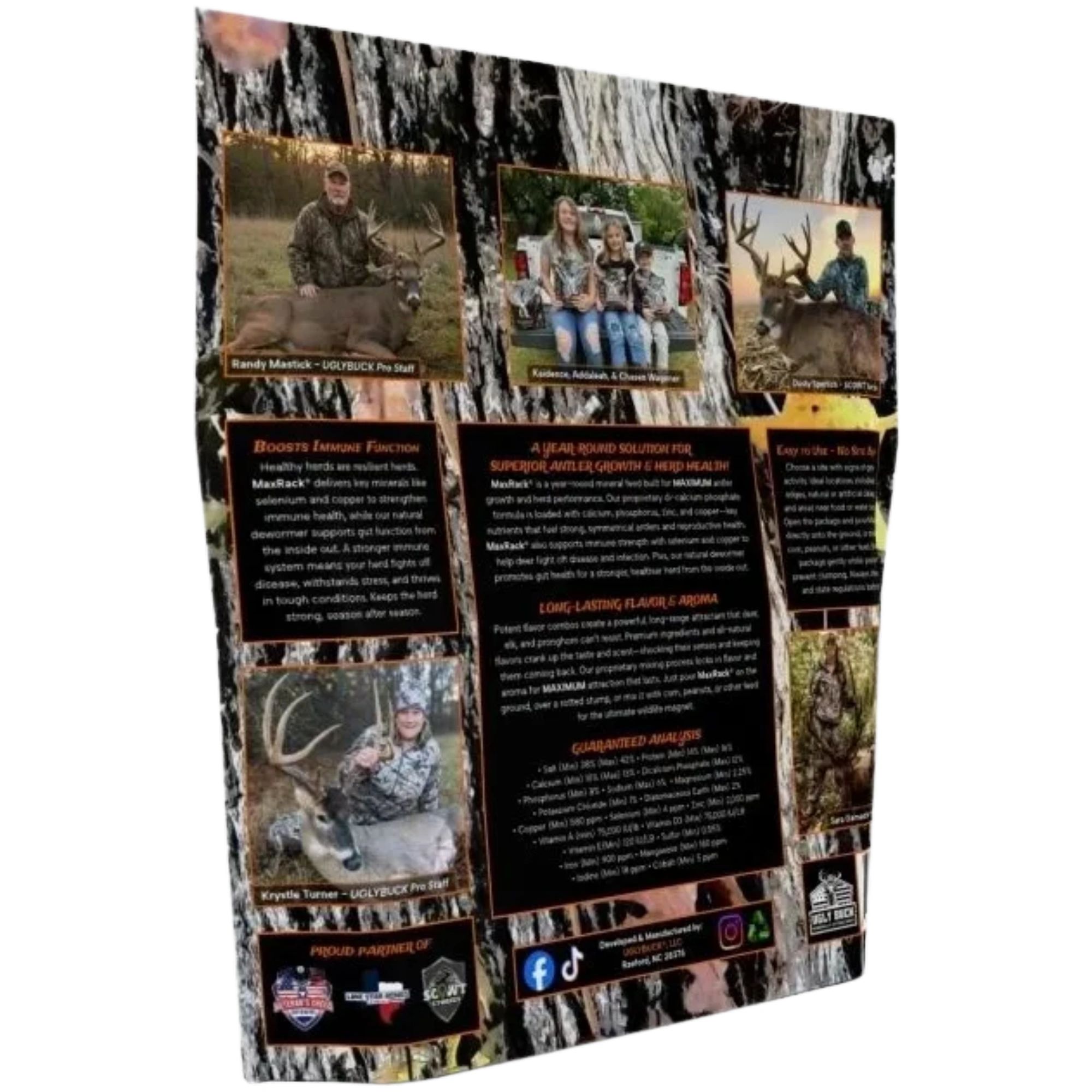 A hunting-themed product packaging featuring deer photos and detailed product benefits.