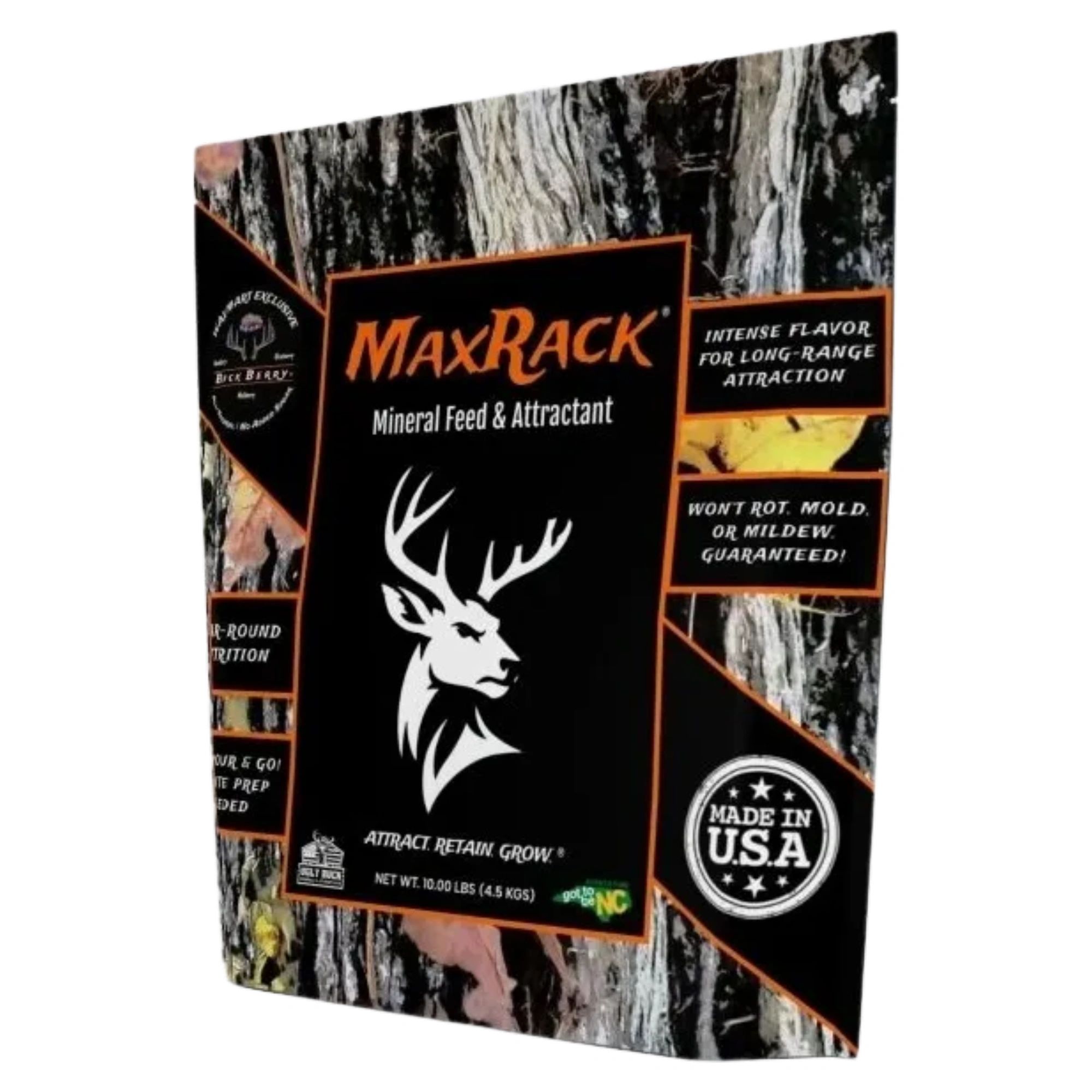 MaxRack mineral feed and attractant for deer with intense flavor and mold resistance.
