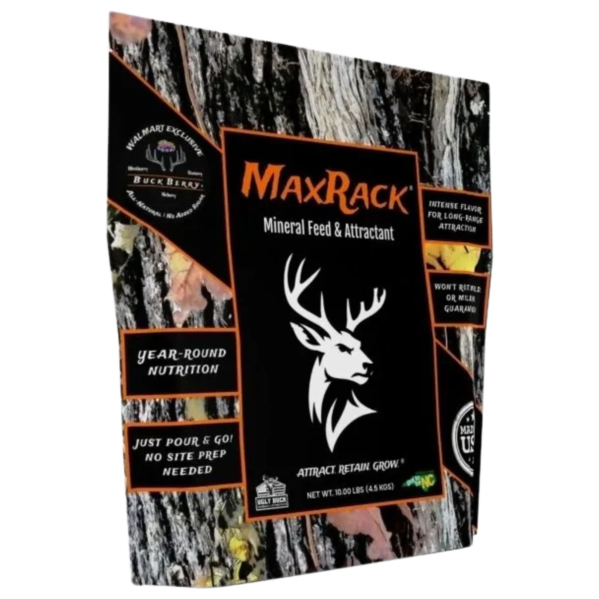 MaxRack mineral feed and attractant for deer with year-round nutrition.
