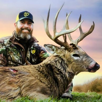 Hunter with mature buck and MaxRack deer mineral attractant