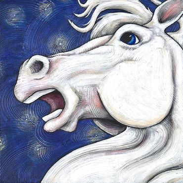 Surreal white horse head with expressive blue eye against swirling blue background.