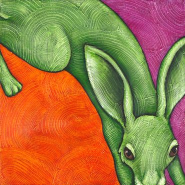 Colorful rabbit painting. Hare Pin Curve, acrylic on board, 20"x20"