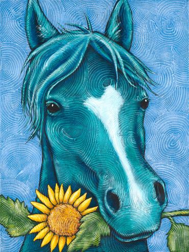 colorful painting of a horse with sunflower.