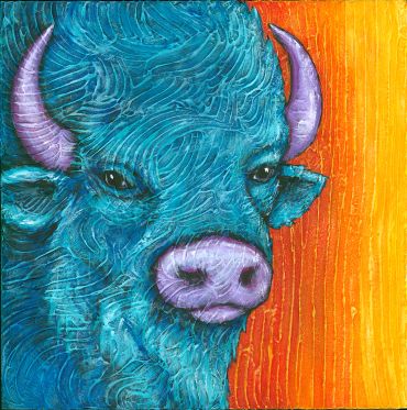 Colorful painting of a blue buffalo with purple horns and nose.
