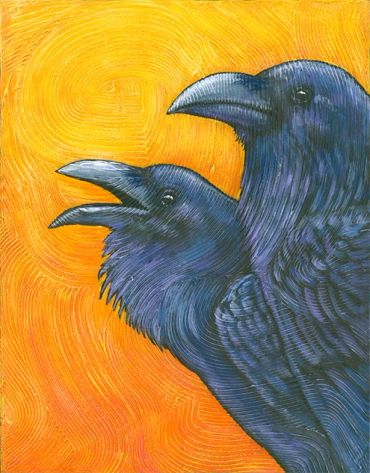 Two black ravens against a bright orange background.