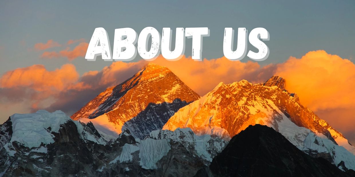 Sunlit mountain peaks with 'ABOUT US' text overlay.