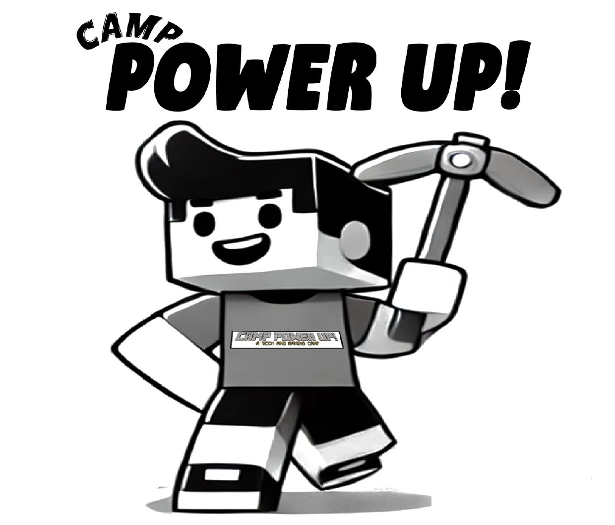 Blocky character holding a pickaxe with 'CAMP POWER UP!' text.