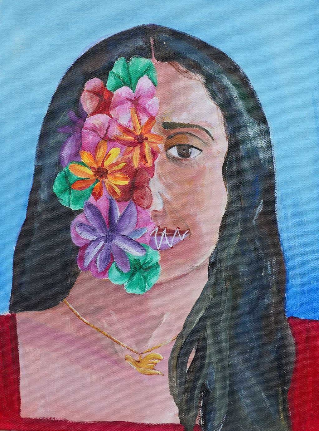 A portrait with one half floral collage and the other half a woman's face.