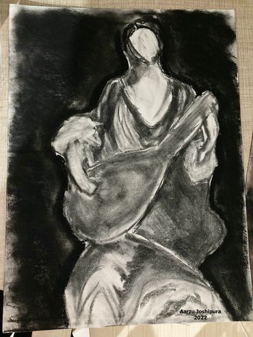 Charcoal sketch of a faceless musician playing a stringed instrument.