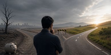 Man deciding between two roads at sunset.