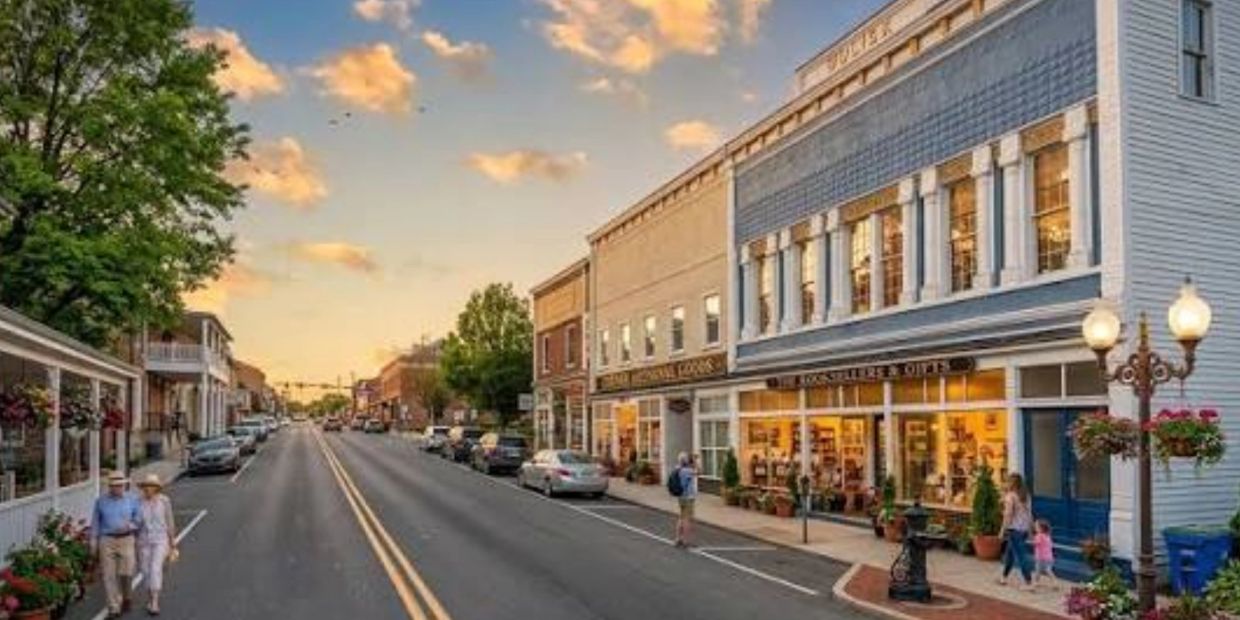 Charming small town street at sunset with people strolling.