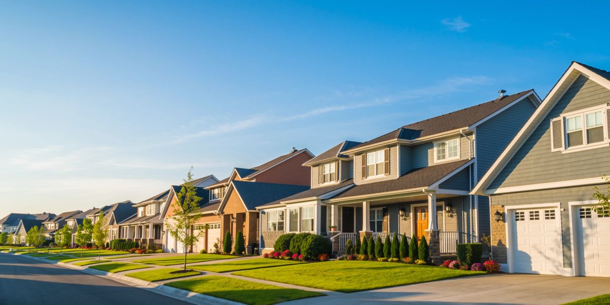 A row of modern suburban houses on a sunny day.