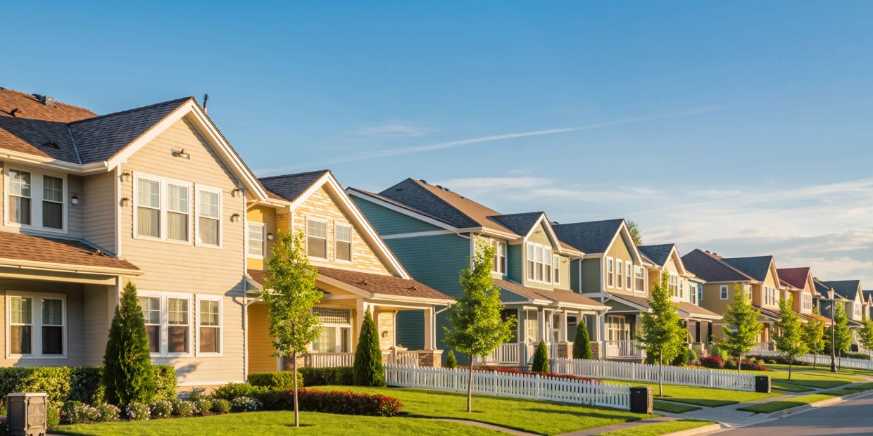 A row of colorful suburban houses under a clear blue sky.