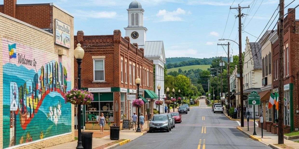 Small town street with a mural and church steeple.