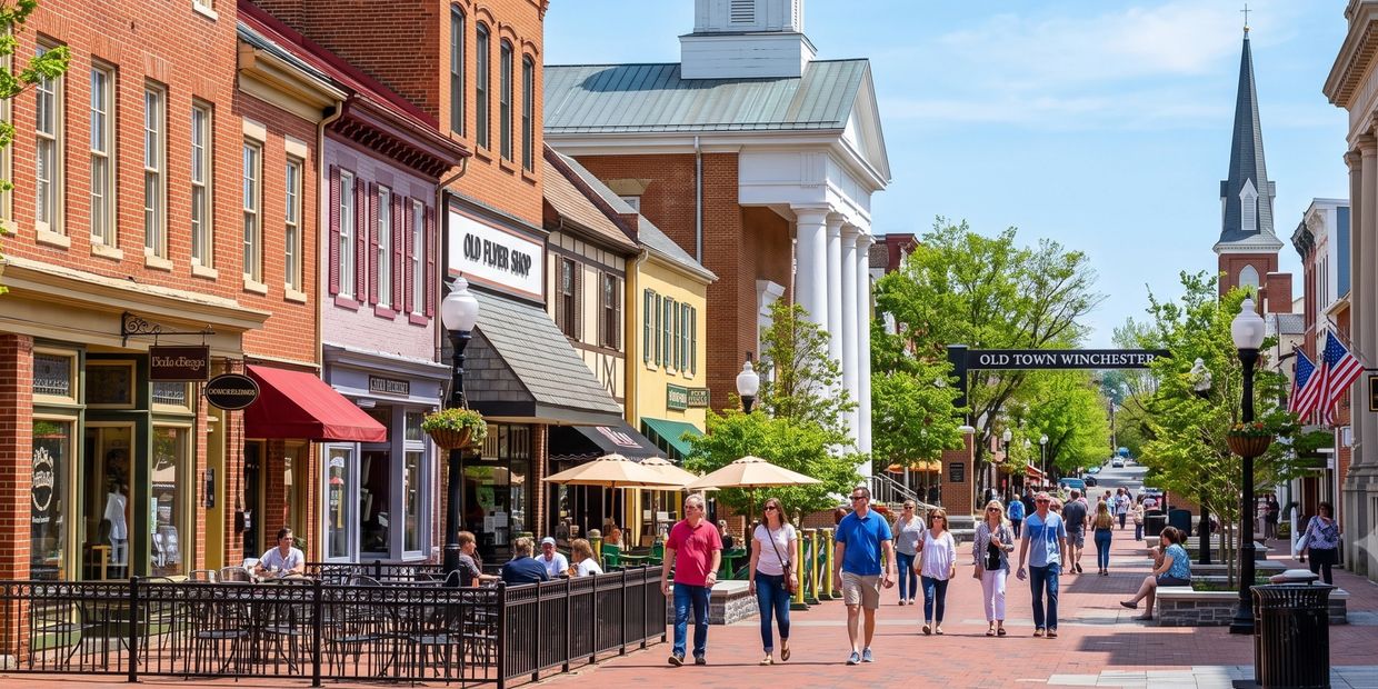 People walking in Old Town Winchester on a sunny day.