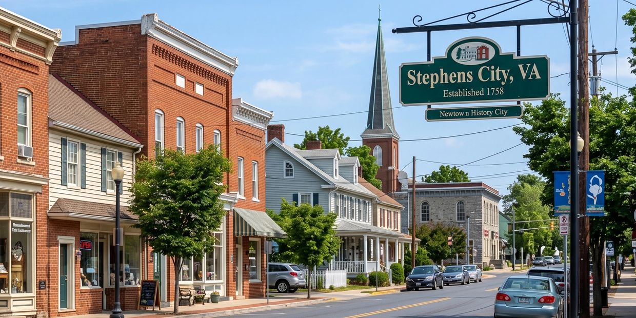 Street view of Stephens City, Virginia with historic buildings.