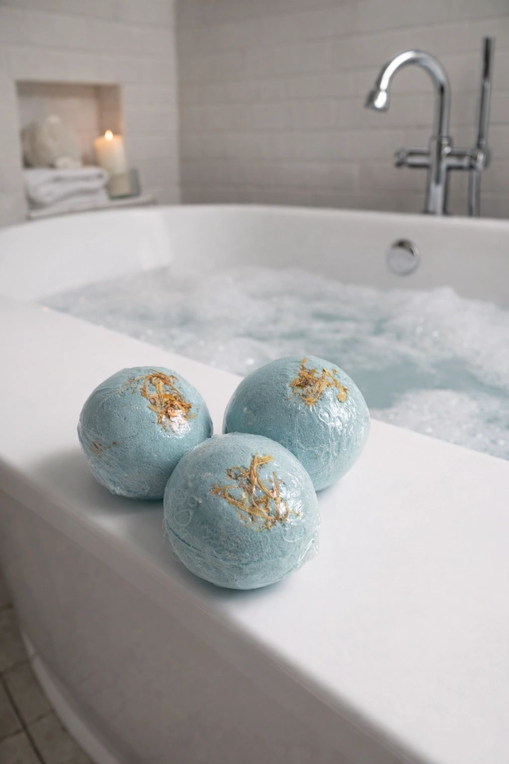 Three blue bath bombs on the edge of a filled bathtub.