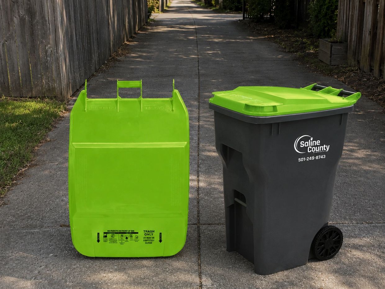 Two green-lidded trash bins on a concrete pathway with a wooden fence.