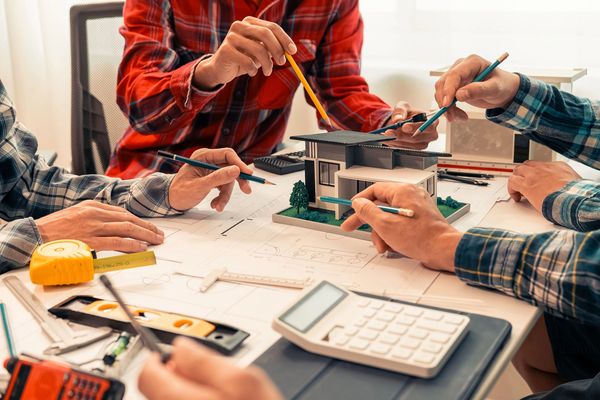 The image shows a group of people, likely architects or designers, gathered around a table engaged