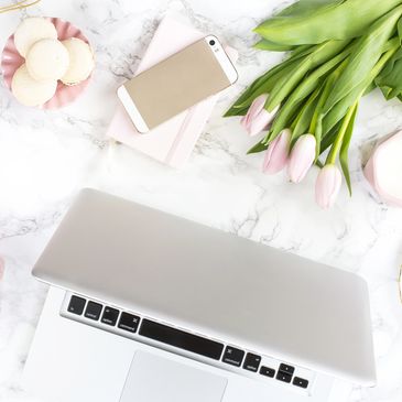 office desk organized flowers phone laptop marble gold pink white