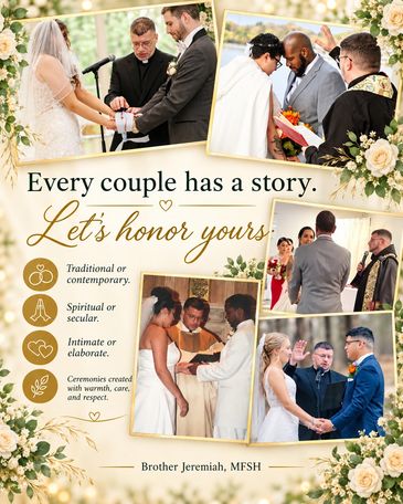 A promotional wedding ceremony poster featuring religious officiants and couples.