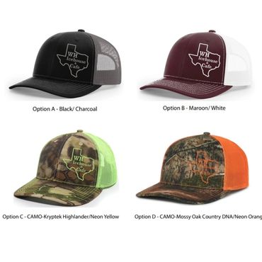Four trucker hats with different colors and camo designs.