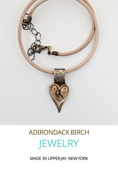 Adirondack Birch pendant necklace with heart design, made in Upper Jay, New York.