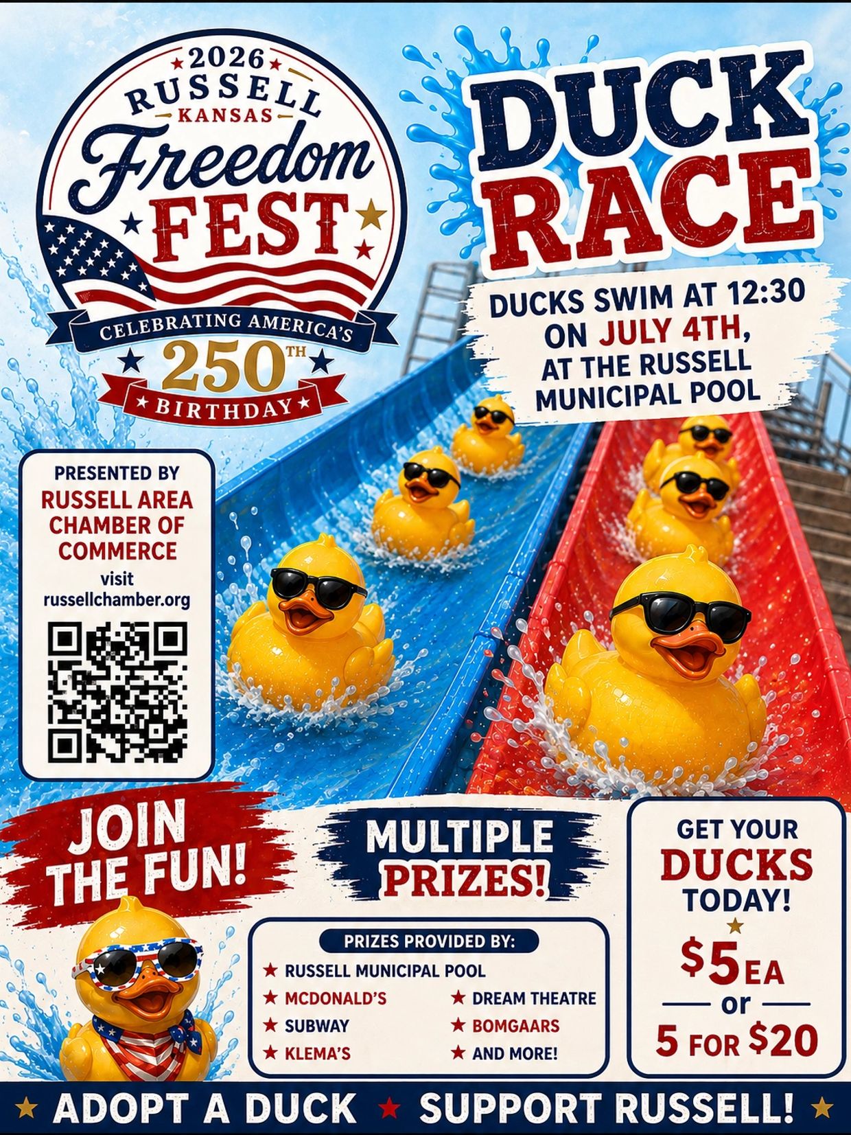 2026 Russell Kansas Freedom Fest Duck Race with prizes and duck adoption.
