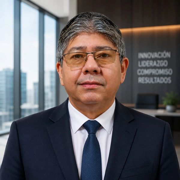 Professional man in suit and glasses in modern office setting.