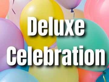 Colorful balloons with 'Deluxe Celebration' text overlay.