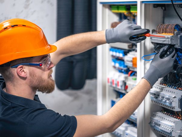 Male electrician working in a switchboard with fuses.