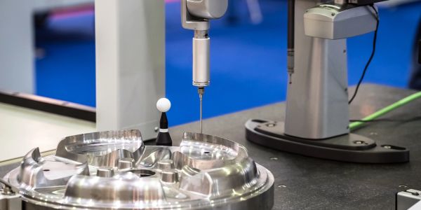 Precision measurement of a metal part using a coordinate measuring machine.