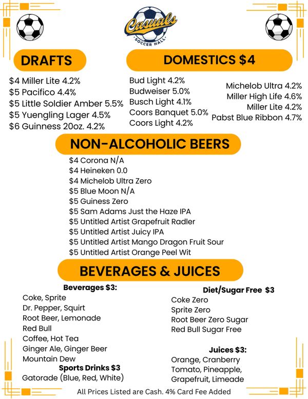 Casuals Soccer Hall beer and beverage menu with prices and drink options.