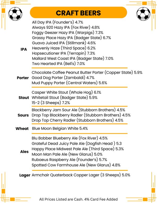 Craft beer menu featuring various IPAs, porters, stouts, sours, wheats, ales, and lagers.