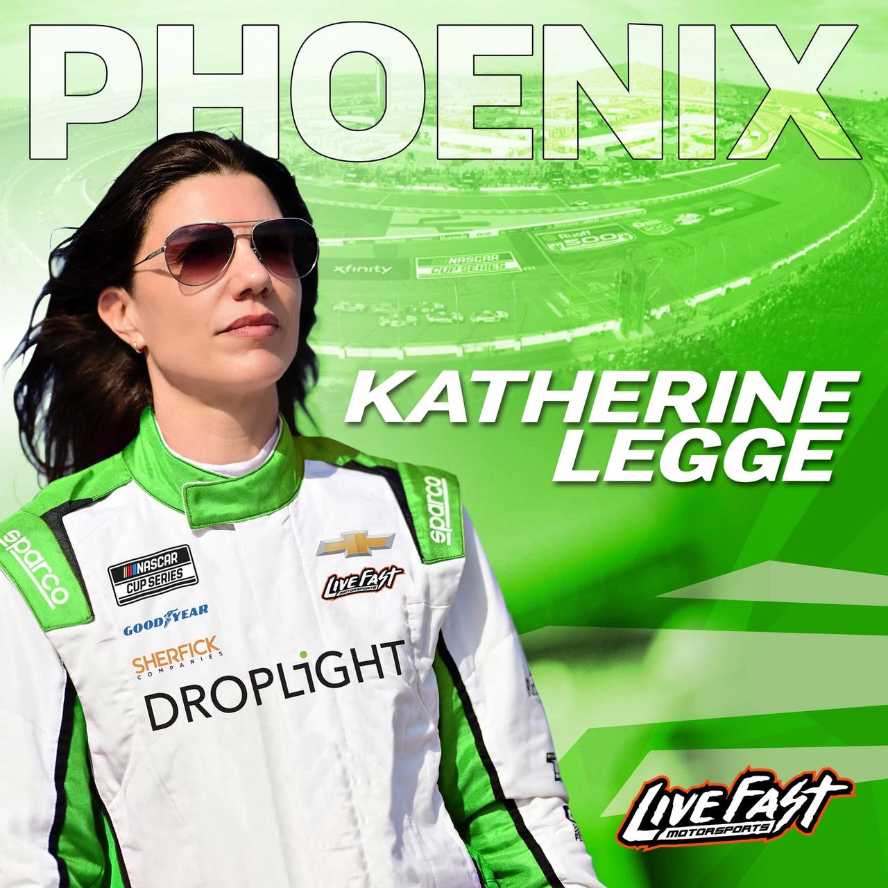 KATHERINE LEGGE ANNOUNCES DEBUT IN PHOENIX AT SHRINERS CHILDREN’S 500 NASCAR CUP SERIES RACE WITH LIVE FAST MOTORSPORTS, JOINED BY SPONSORS DROPLiGHT AND SHERFICK COMPANIES