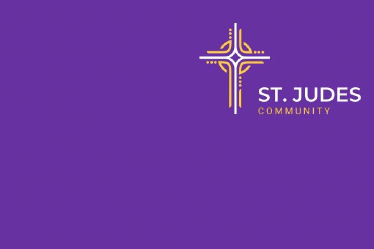 Logo of St. Judes Community with a stylized cross on a purple background.