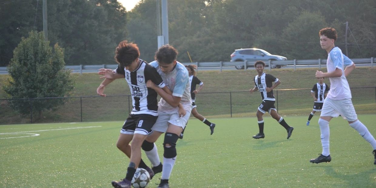 Two soccer players compete for the ball on a green field during a game.