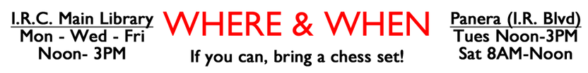 M-W-F - 12-3PM 
 IRC LIBRARY

TUES - NOON-3 
SAT 8AM-12
PANERA (e
