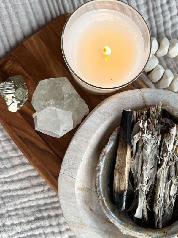 Sage bundle, palo santo, clear quartz and pyrite crystal