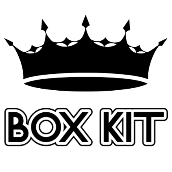 Black and white logo with text 'BOX KIT' and circular design.