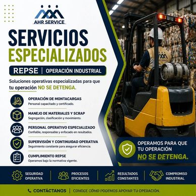 Anuncio de servicios operativos especializados para montacargas y manejo industrial.