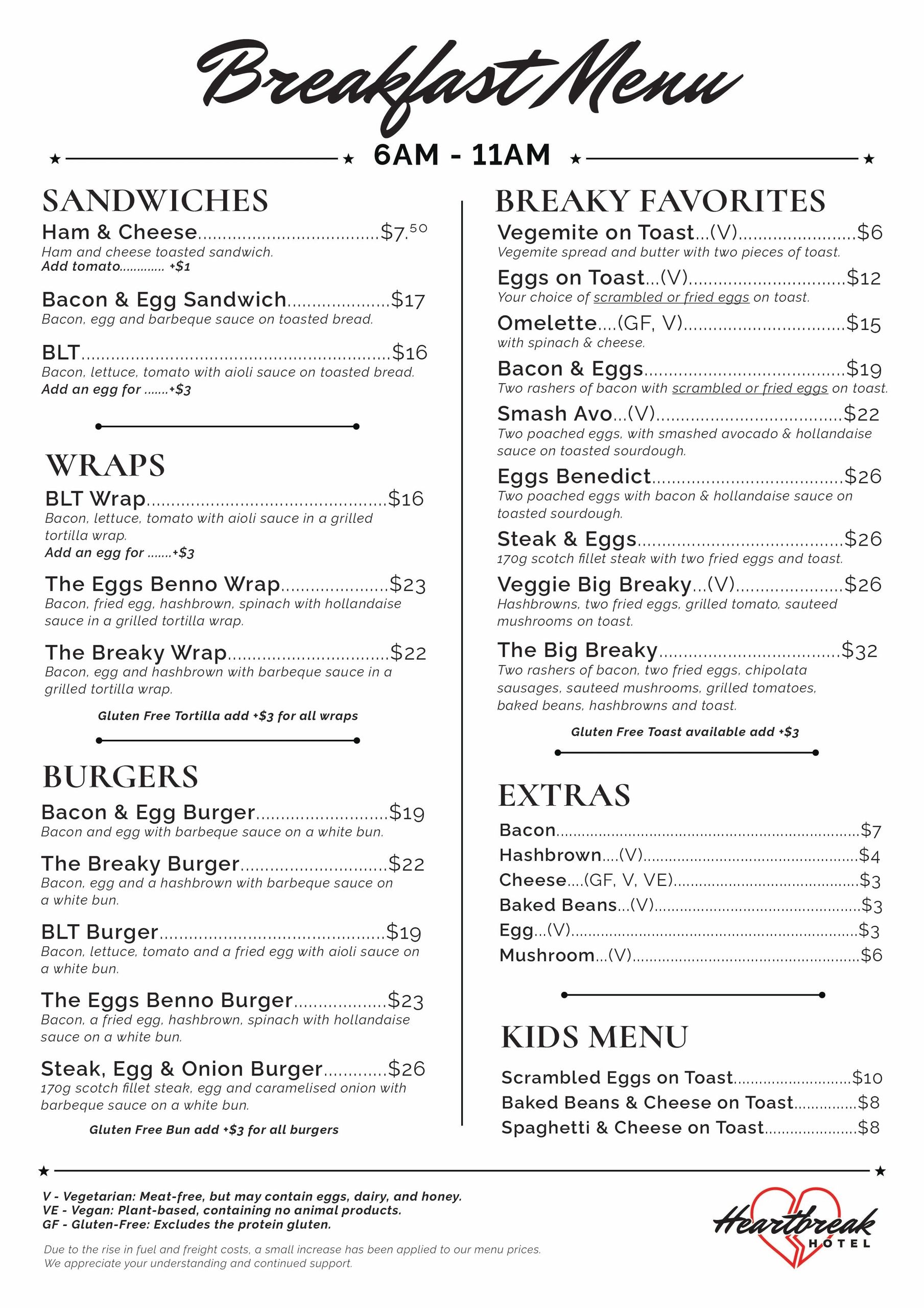 Heartbreak Hotel breakfast menu with sandwiches, wraps, burgers, breaky favorites, extras, and kids menu from 6AM-11AM.