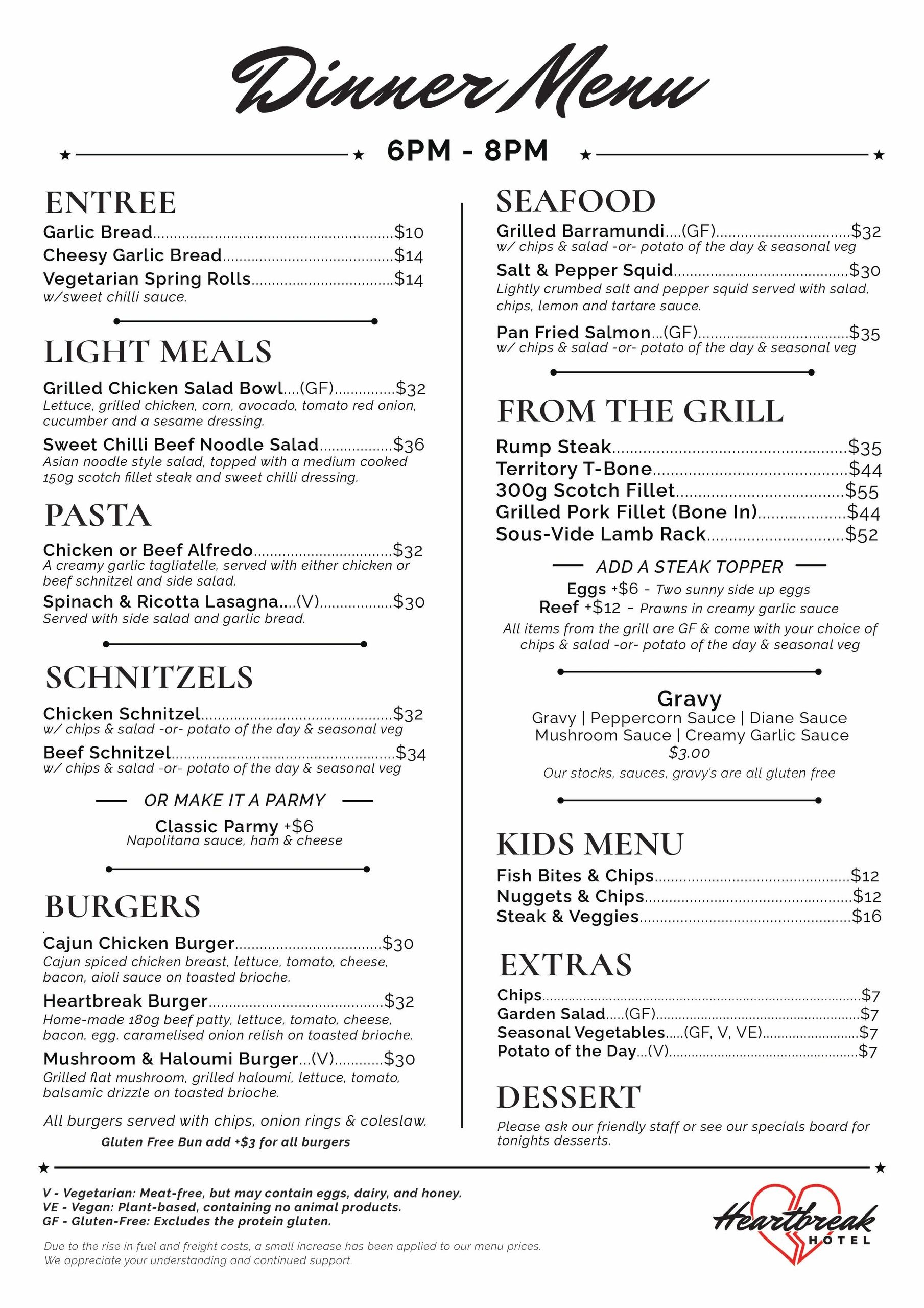 Dinner menu from Heartbreak Hotel offering entrees, light meals, seafood, grill, kids menu, extras, and dessert.