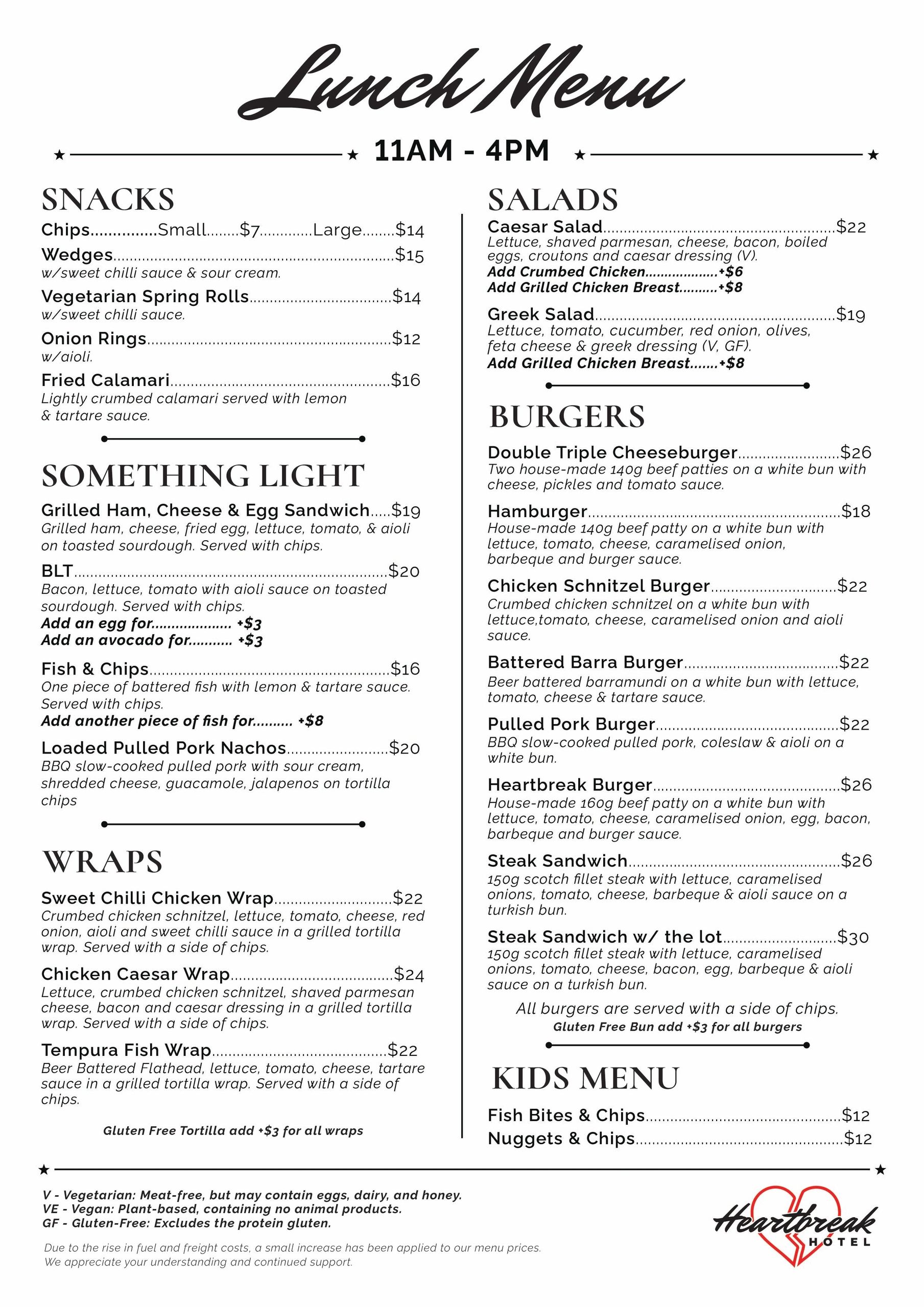 Lunch menu featuring snacks, light meals, wraps, salads, burgers, and kids options from Heartbreak Hotel.