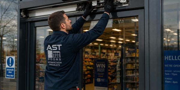 Technician repairing an automatic sliding door at a store entrance.