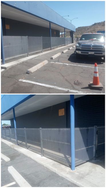 Expanded metal security fence for a commercial shopping center. Phoenix, Arizona.