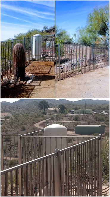 Ornamental iron perimeter fence with decorative accents. Wickenburg, Arizona.

