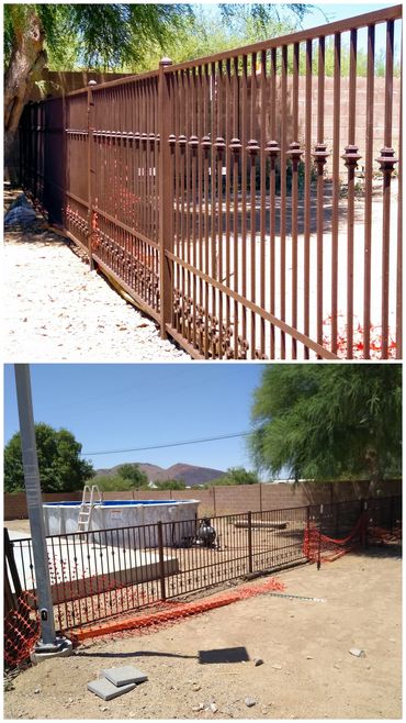 Ornamental iron yard divider fence with matching gate. Phoenix, Arizona.