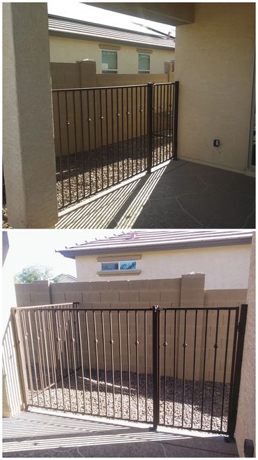 Side yard dog run and matching gate with rust brown powder coat. Phoenix, Arizona.
