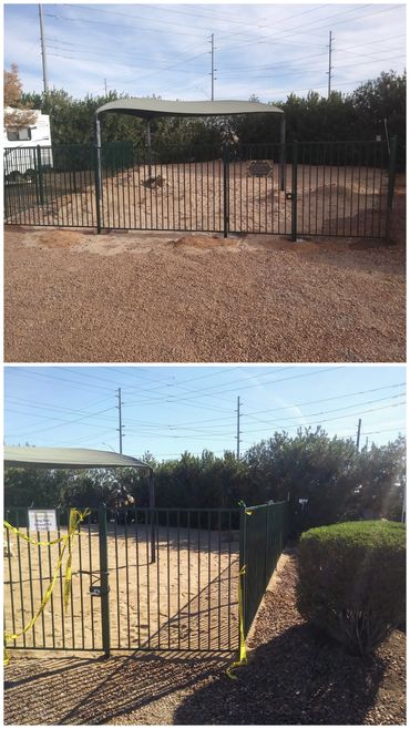 Custom dog park fence with matching gates. Deer Valley RV Park, Phoenix, Arizona